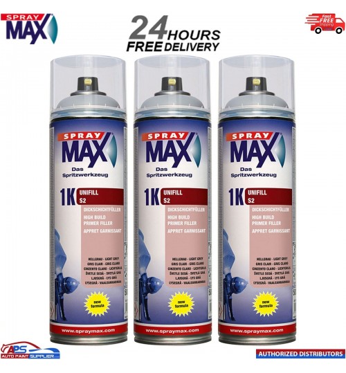 3x SPRAYMAX 1K UNIFILL PRIMER AEROSOL 500ML - S2 LIGHT GREY 680421